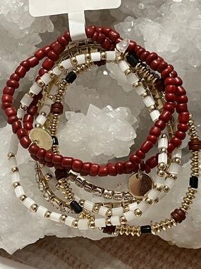 😍 SHOW SPECIAL B58 NWT JOE FRESH Burgundy Clear Goldtone 7 String Bracelet